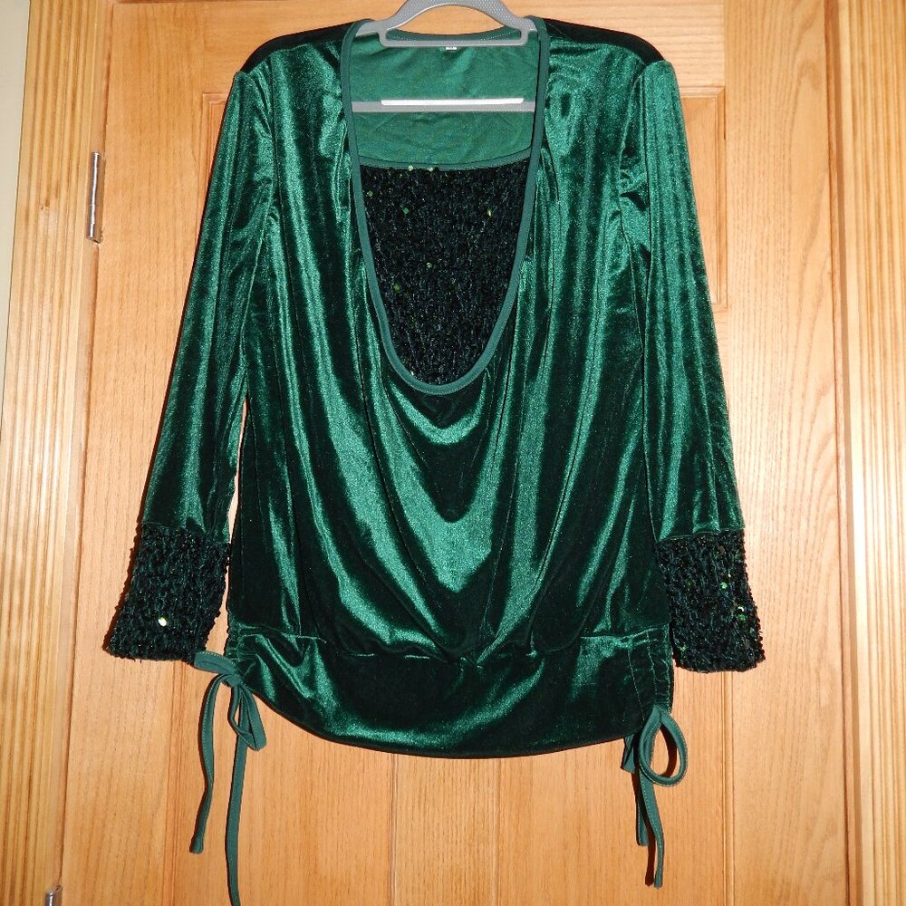 Women's Size XL Emerald Green Velvet & Sequin Holiday Christmas Blouse Shirt
